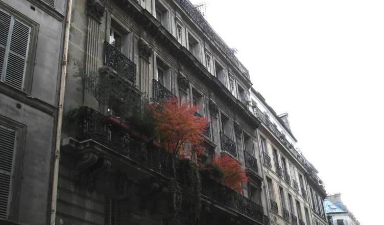 Façade d’un immeuble haussmannien à Paris avec balcons en fer forgé et jardinières
